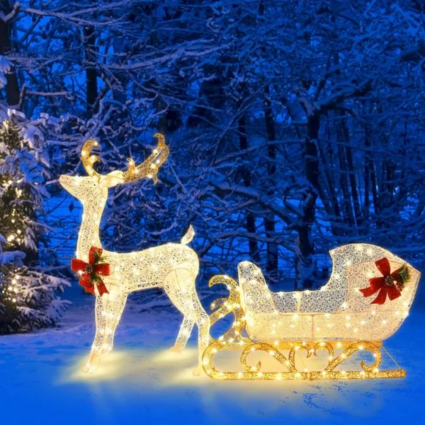 Renne et Traîneau de Noël Pré-éclairés avec 215 Ampoules Blanc Chaud Piquets de Sol et Attaches Zippées Inclus Décoration de Noël