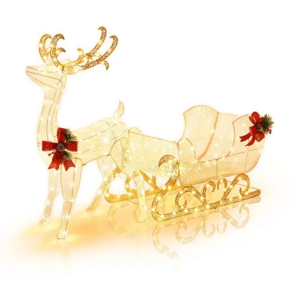 Renne et Traîneau de Noël Pré-éclairés avec 215 Ampoules Blanc Chaud Piquets de Sol et Attaches Zippées Inclus Décoration de Noël