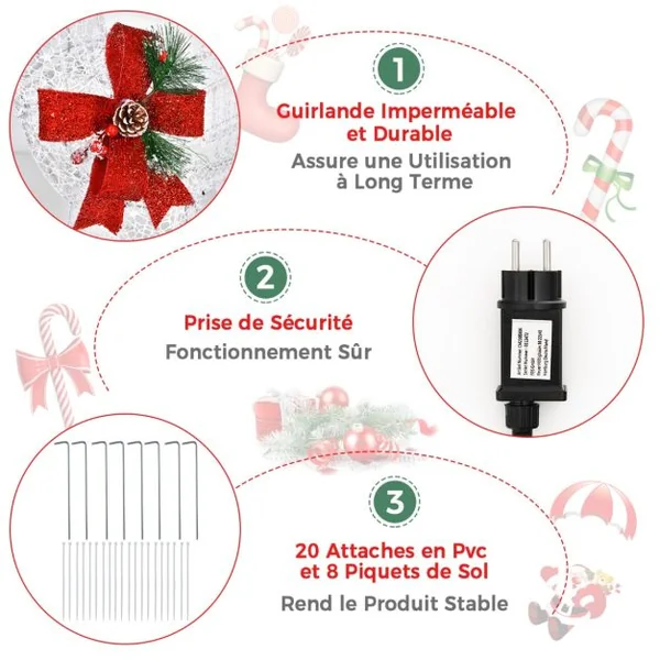 Renne et Traîneau de Noël Pré-éclairés avec 215 Ampoules Blanc Chaud Piquets de Sol et Attaches Zippées Inclus Décoration de Noël