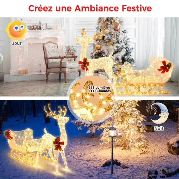 Renne et Traîneau de Noël Pré-éclairés avec 215 Ampoules Blanc Chaud Piquets de Sol et Attaches Zippées Inclus Décoration de Noël