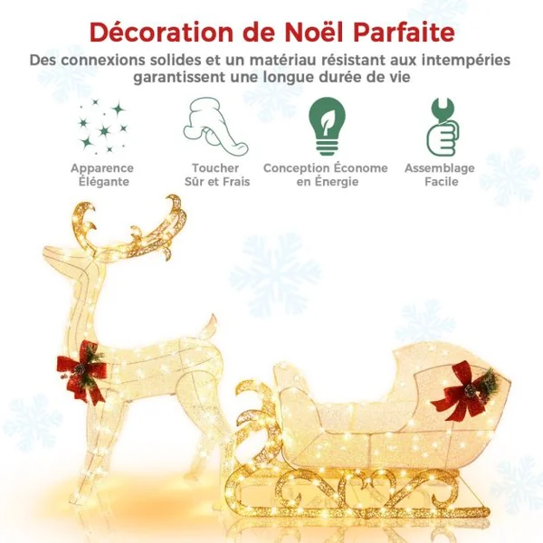 Renne et Traîneau de Noël Pré-éclairés avec 215 Ampoules Blanc Chaud Piquets de Sol et Attaches Zippées Inclus Décoration de Noël