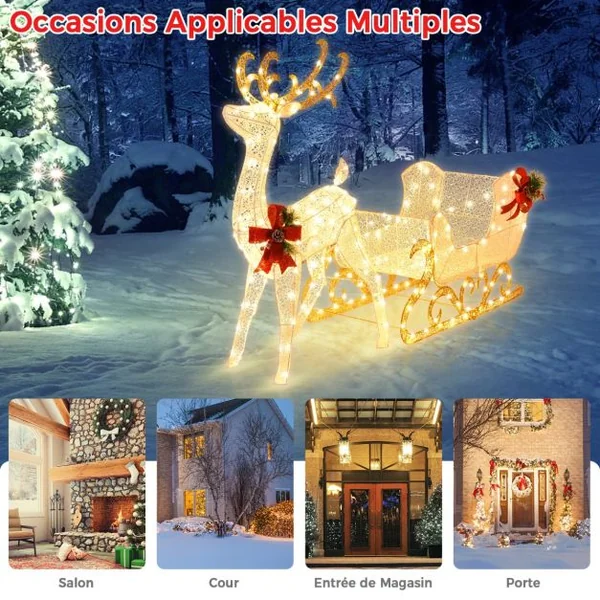 Renne et Traîneau de Noël Pré-éclairés avec 215 Ampoules Blanc Chaud Piquets de Sol et Attaches Zippées Inclus Décoration de Noël