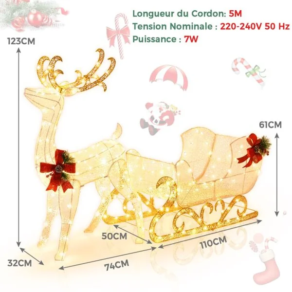 Renne et Traîneau de Noël Pré-éclairés avec 215 Ampoules Blanc Chaud Piquets de Sol et Attaches Zippées Inclus Décoration de Noël