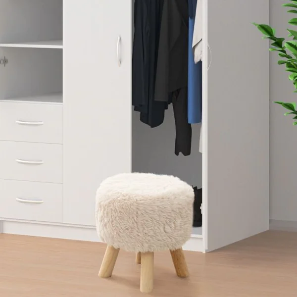 Repose-pieds Rond Ottoman Rembourré en Fausse Fourrure Siège Rembourré Pieds en Bois d'Hévéa Tabouret Multifonctionnel Blanc et Naturel