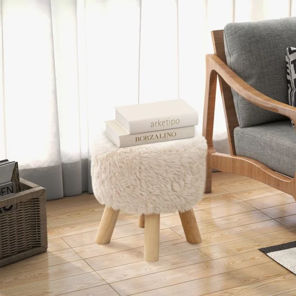 Repose-pieds Rond Ottoman Rembourré en Fausse Fourrure Siège Rembourré Pieds en Bois d'Hévéa Tabouret Multifonctionnel Blanc et Naturel