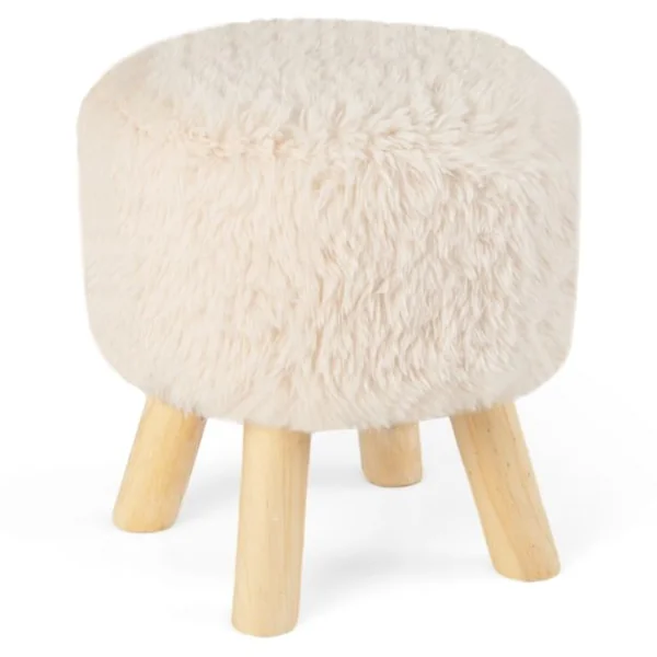 Repose-pieds Rond Ottoman Rembourré en Fausse Fourrure Siège Rembourré Pieds en Bois d'Hévéa Tabouret Multifonctionnel Blanc et Naturel