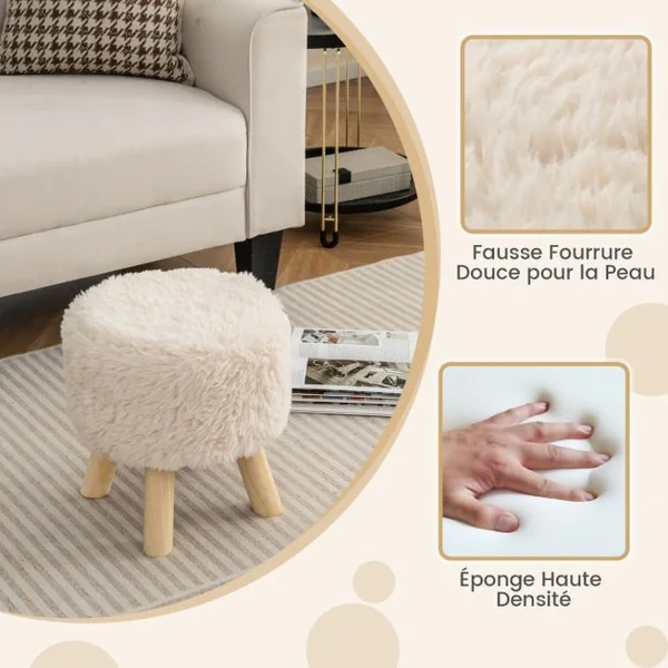 Repose-pieds Rond Ottoman Rembourré en Fausse Fourrure Siège Rembourré Pieds en Bois d'Hévéa Tabouret Multifonctionnel Blanc et Naturel
