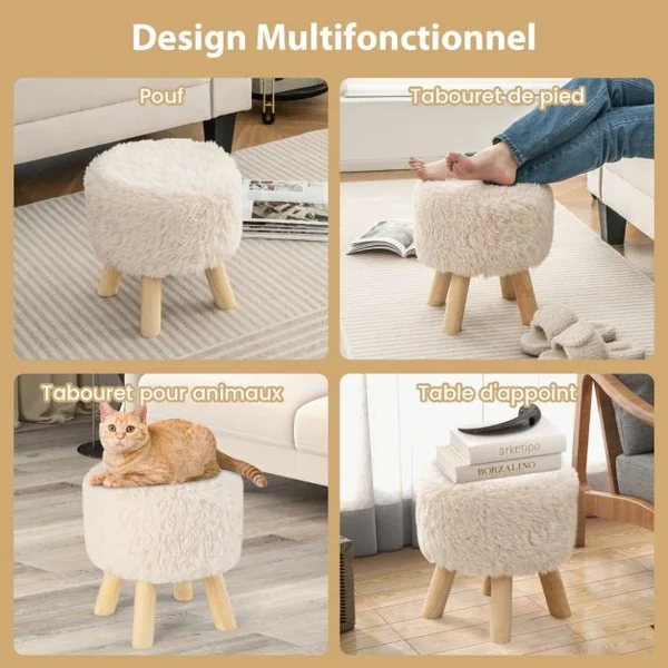 Repose-pieds Rond Ottoman Rembourré en Fausse Fourrure Siège Rembourré Pieds en Bois d'Hévéa Tabouret Multifonctionnel Blanc et Naturel