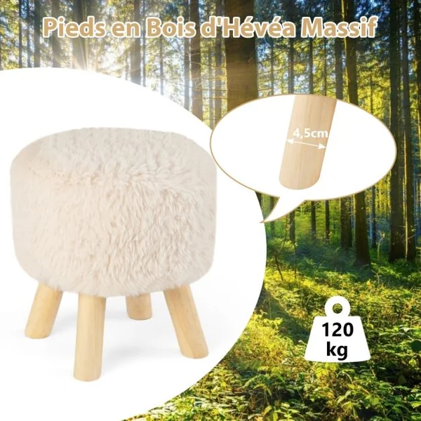 Repose-pieds Rond Ottoman Rembourré en Fausse Fourrure Siège Rembourré Pieds en Bois d'Hévéa Tabouret Multifonctionnel Blanc et Naturel