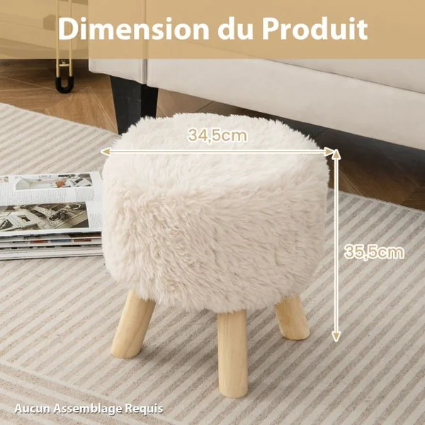 Repose-pieds Rond Ottoman Rembourré en Fausse Fourrure Siège Rembourré Pieds en Bois d'Hévéa Tabouret Multifonctionnel Blanc et Naturel