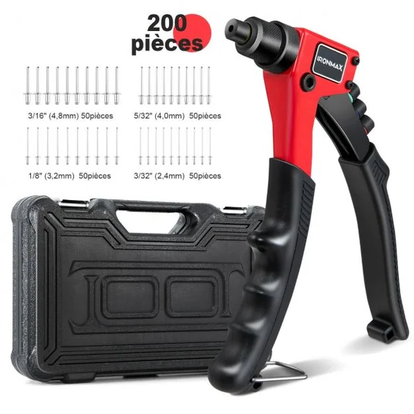 Riveteuse Manuelle avec 200 Rivets et 4 Outils-Embouts de Rivets Interchangeables à Volonté avec Étui de Transport
