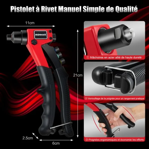 Riveteuse Manuelle avec 200 Rivets et 4 Outils-Embouts de Rivets Interchangeables à Volonté avec Étui de Transport
