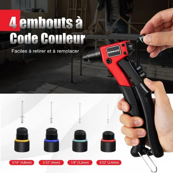Riveteuse Manuelle avec 200 Rivets et 4 Outils-Embouts de Rivets Interchangeables à Volonté avec Étui de Transport