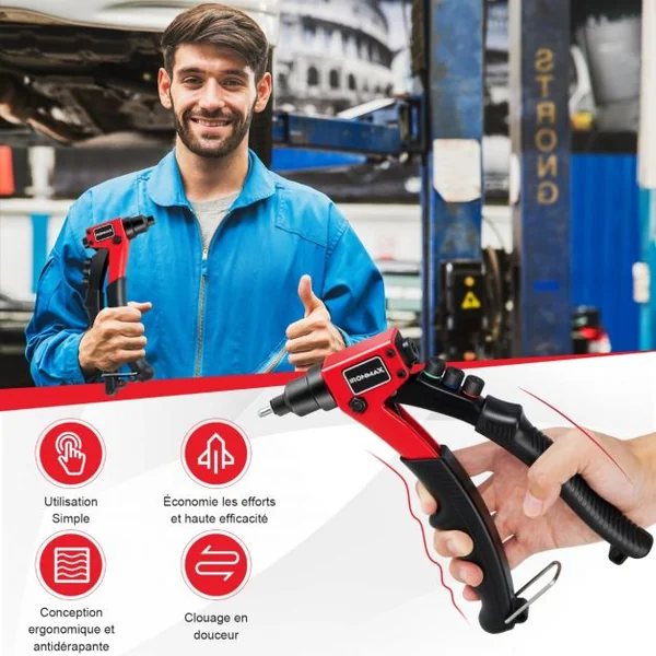 Riveteuse Manuelle avec 200 Rivets et 4 Outils-Embouts de Rivets Interchangeables à Volonté avec Étui de Transport