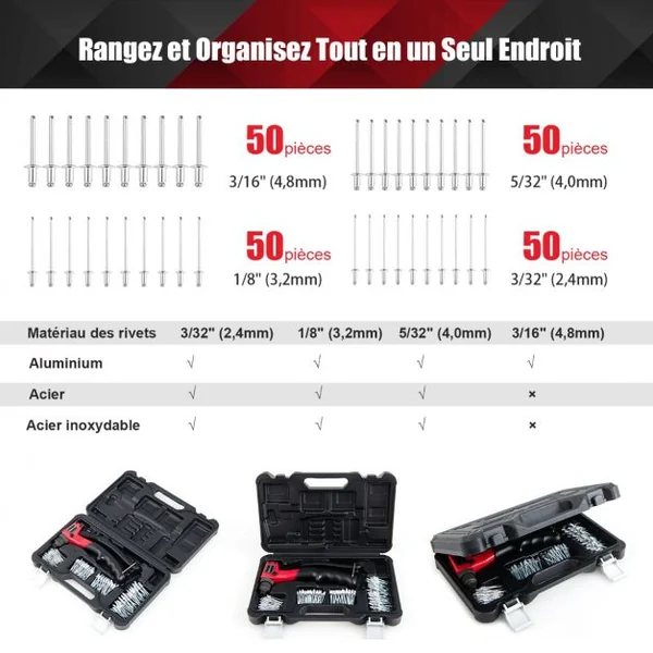 Riveteuse Manuelle avec 200 Rivets et 4 Outils-Embouts de Rivets Interchangeables à Volonté avec Étui de Transport