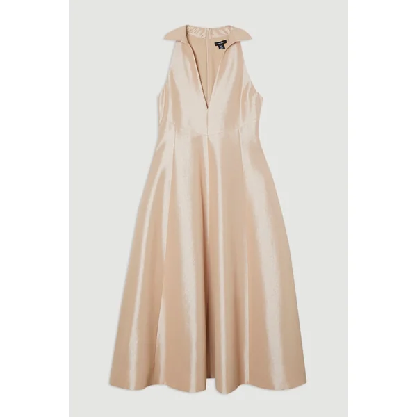 Robe chemise en taffetas métallique style smoking sur-mesure à jupe évasée