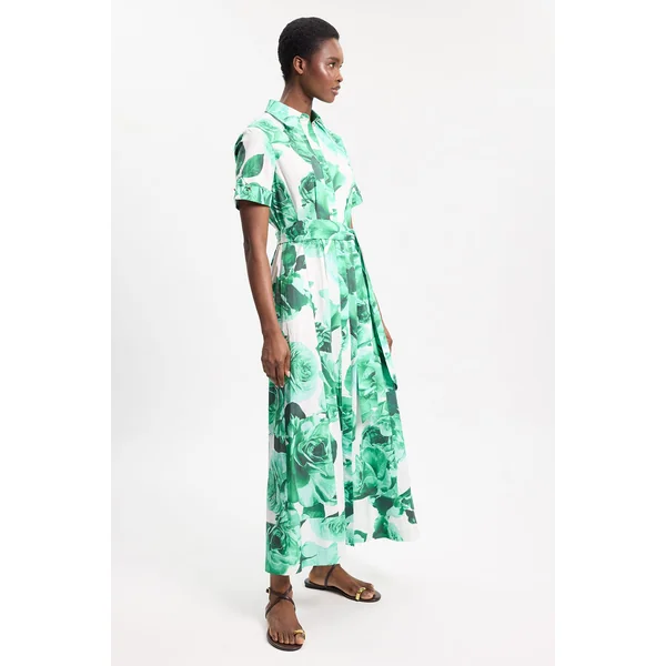 Robe Chemise Longue Ceinturée En Satin De Coton À Imprimé Floral De Roses