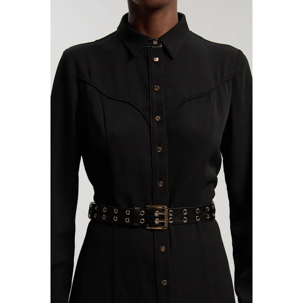 Robe Chemise Midi En Sergé Avec Détails Tissés Contrastés
