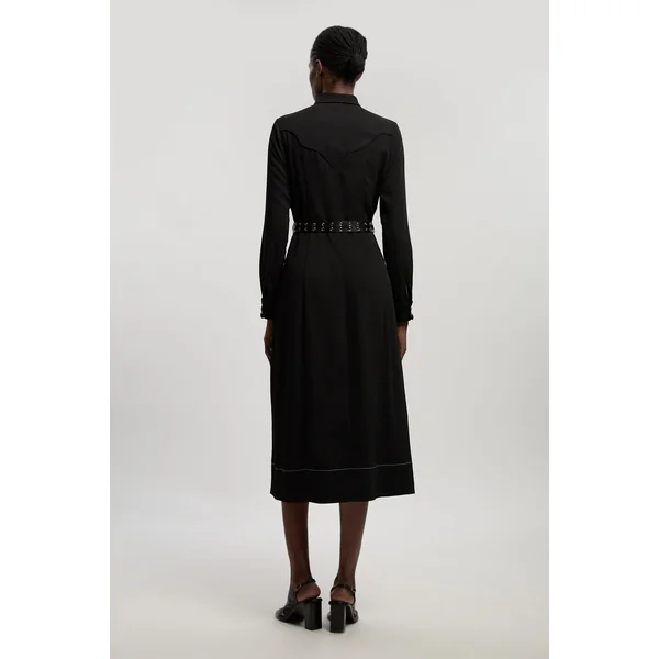 Robe Chemise Midi En Sergé Avec Détails Tissés Contrastés