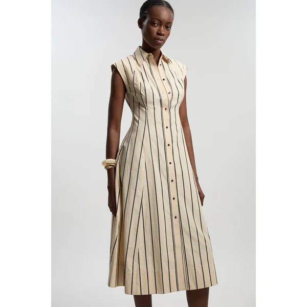 Robe Chemise Midi Tissée En Coton À Rayures Mono Avec Surpiqûres Petite Taille