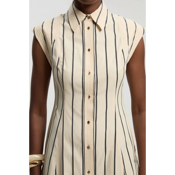 Robe Chemise Midi Tissée En Coton À Rayures Mono Avec Surpiqûres Petite Taille