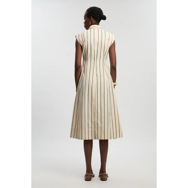 Robe Chemise Midi Tissée En Coton À Rayures Mono Avec Surpiqûres Petite Taille