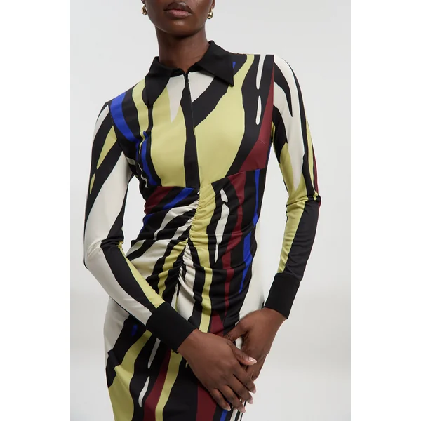 Robe Chemise Mini en Crêpe à Col avec Détails Froncés et Imprimé Zèbre Abstrait