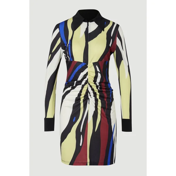 Robe Chemise Mini en Crêpe à Col avec Détails Froncés et Imprimé Zèbre Abstrait