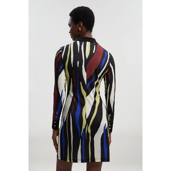Robe Chemise Mini en Crêpe à Col avec Détails Froncés et Imprimé Zèbre Abstrait