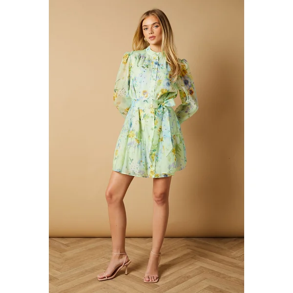 Robe Chemise Mini En Organza Floral Sauge