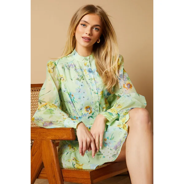 Robe Chemise Mini En Organza Floral Sauge