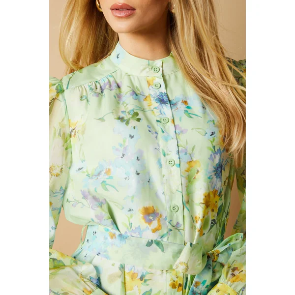 Robe Chemise Mini En Organza Floral Sauge