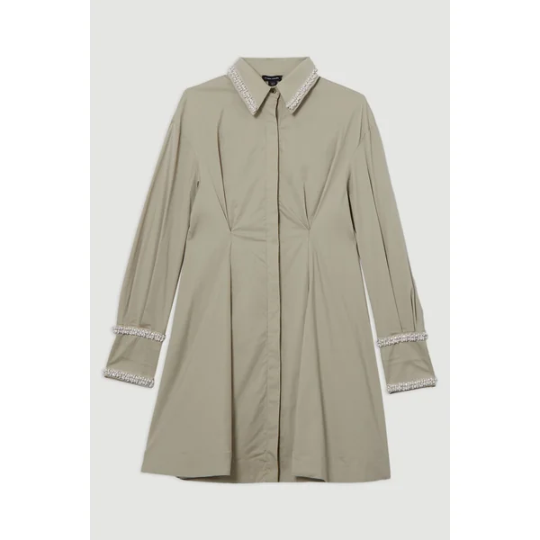 Robe Chemise Mini À Jupe Ample En Coton Avec Finitions Perlées Pour Femmes Grandes