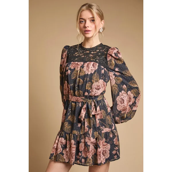 Robe Courte Petite À Taille Ceinturée Et Devant En Dentelle Avec Manches Longues