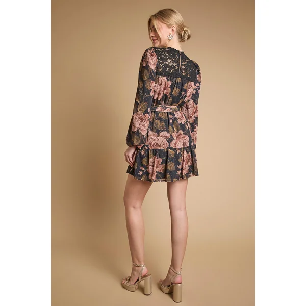 Robe Courte Petite À Taille Ceinturée Et Devant En Dentelle Avec Manches Longues