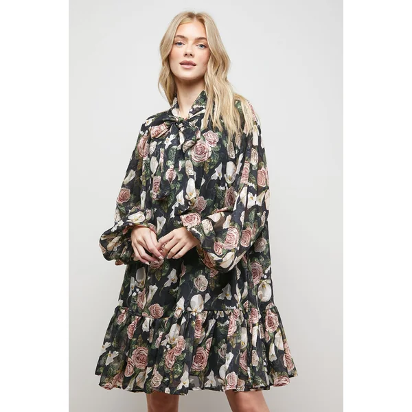 Robe Courte Smock à Imprimé Roses avec Encolure Nouée et Manches Bouffantes