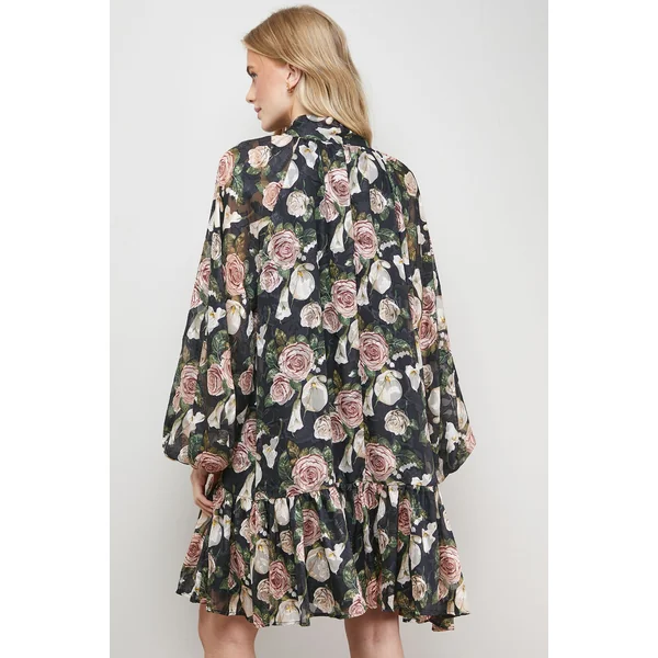 Robe Courte Smock à Imprimé Roses avec Encolure Nouée et Manches Bouffantes