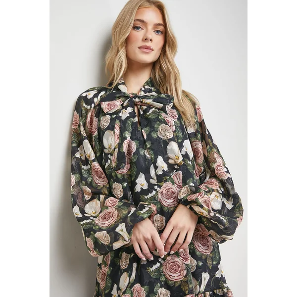 Robe Courte Smock à Imprimé Roses avec Encolure Nouée et Manches Bouffantes