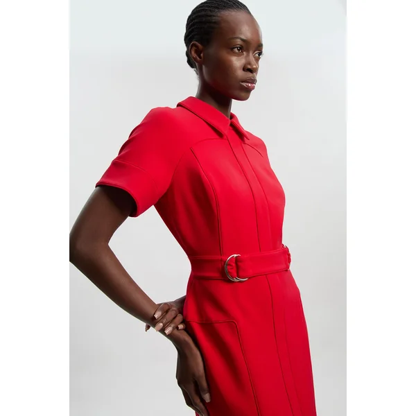Robe Crayon Ajustée en Stretch Compact avec Détail Patte à Liseré