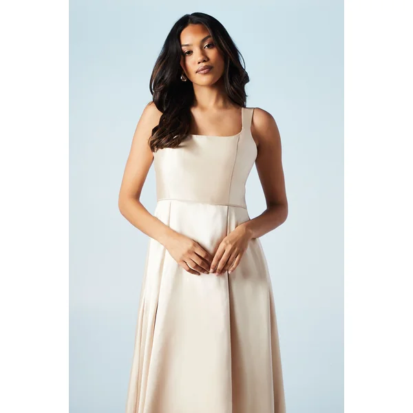 Robe de Demoiselle d'Honneur en Sergé à Col Rond et Jupe Ample