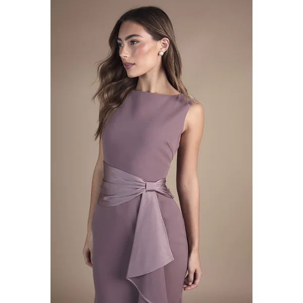Robe de Demoiselle d'Honneur Longue sans Manches à Col Rond avec Ceinture