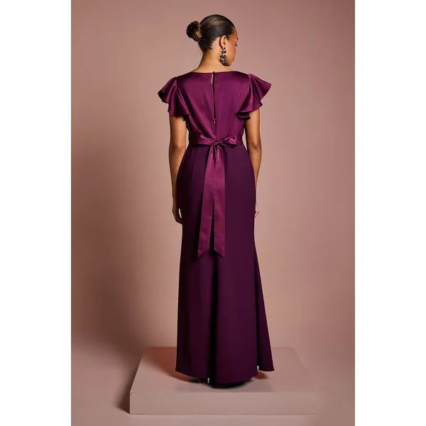 Robe de Demoiselle d'Honneur Maxi Coast Honoured Petite Col V Manches Courtes Angel en Satin