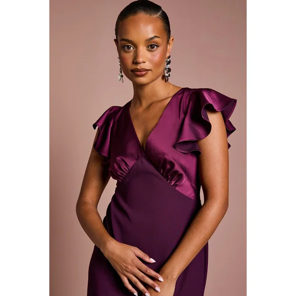 Robe de Demoiselle d'Honneur Maxi Coast Honoured Petite Col V Manches Courtes Angel en Satin