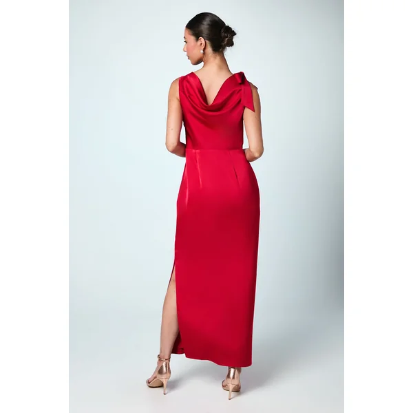 Robe de Demoiselle d'Honneur Maxi Colonne en Satin avec Détail Drapé et Liens aux Épaules