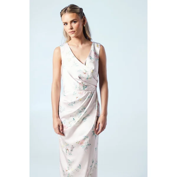 Robe de Demoiselle d'Honneur Petite en Satin Imprimé Bouquet de Printemps avec Taille Froncée