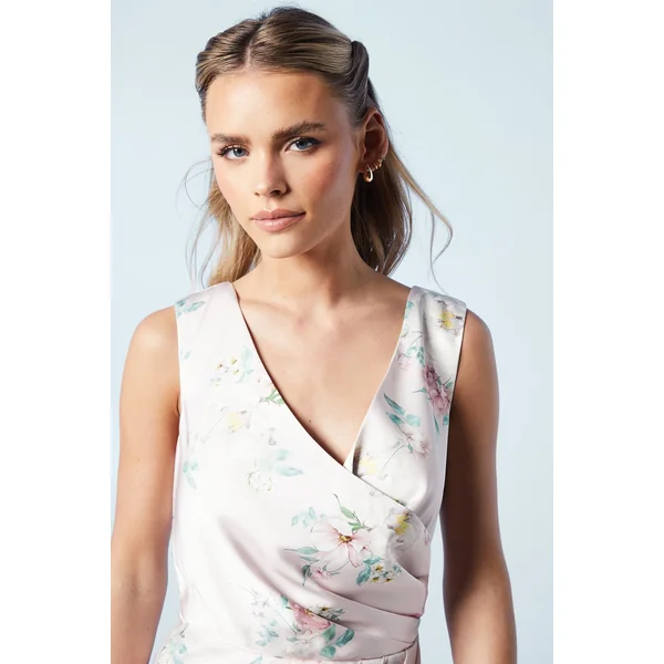 Robe de Demoiselle d'Honneur Petite en Satin Imprimé Bouquet de Printemps avec Taille Froncée