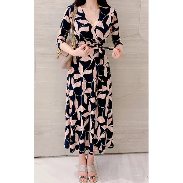 Robe de Grossesse Col V Fleur Rose