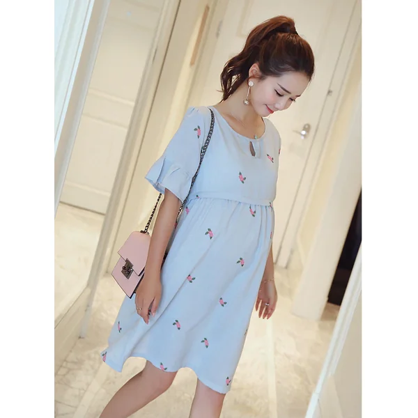 Robe de grossesse et d'allaitement en coton et lin - Bleu/Rose