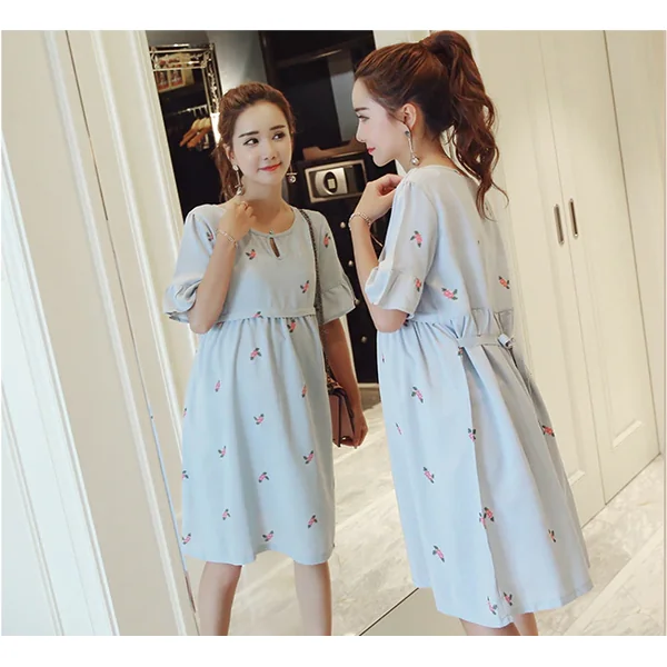 Robe de grossesse et d'allaitement en coton et lin - Bleu/Rose