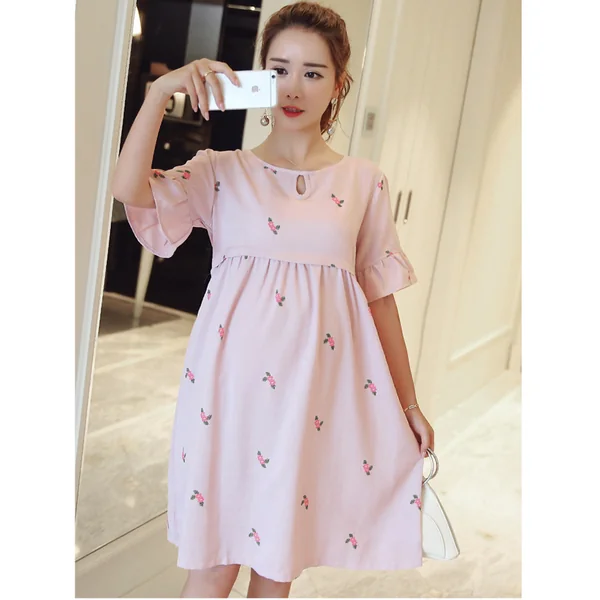 Robe de grossesse et d'allaitement en coton et lin - Bleu/Rose